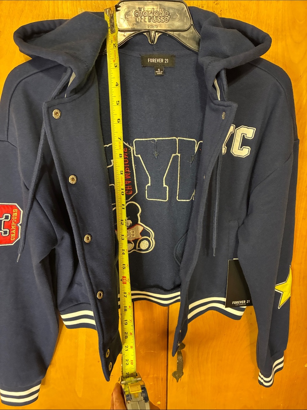 Forever 21 Kids Navy Hooded Varsity Jacket with Teddy & NYC Patches - Picture 6 of 10